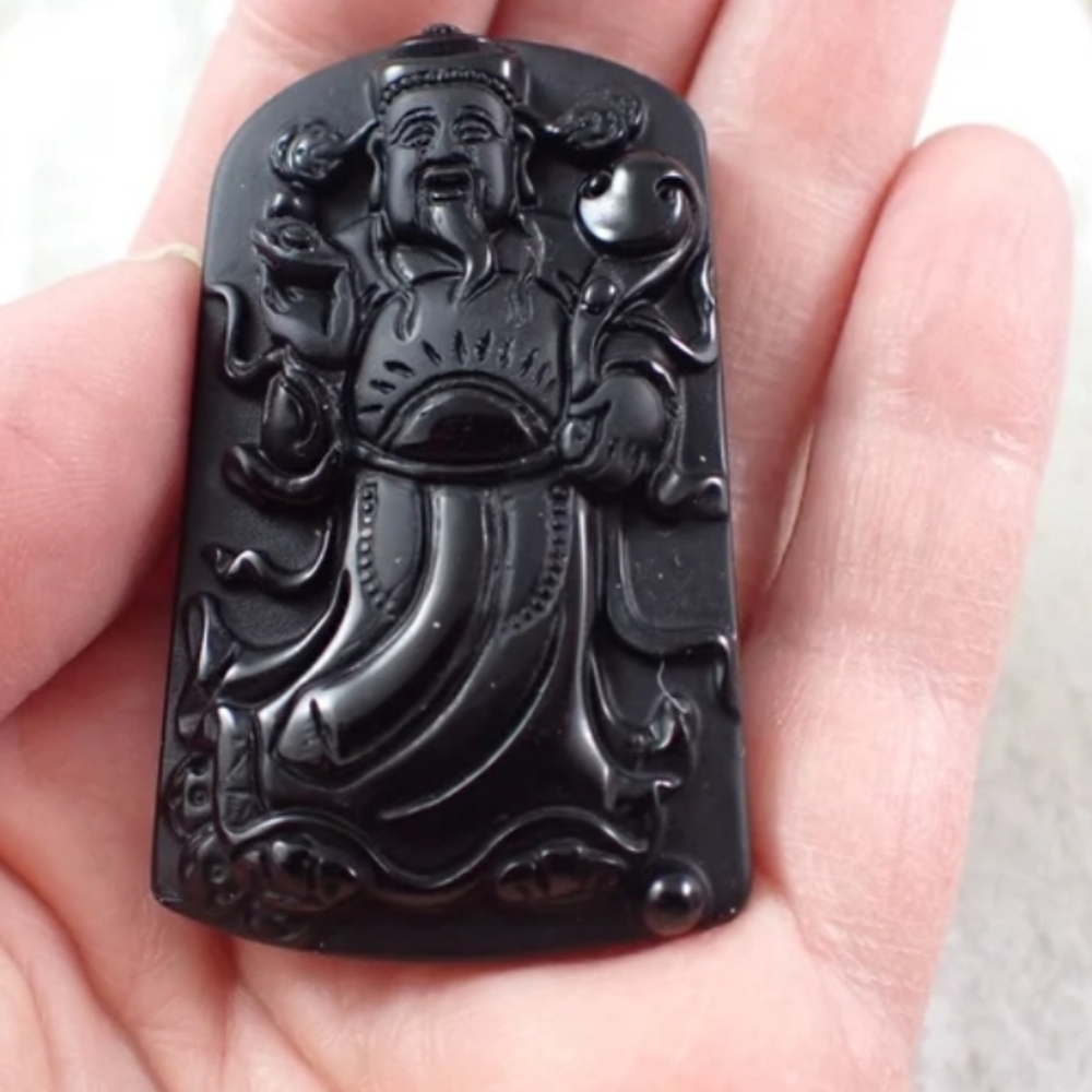 Large Black Obsidian Crystal Good Fortune Pendant - Shiny Black Rectangle Pendan